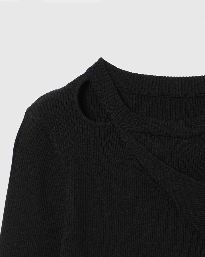 ASYMMETRY SLANT-FLAP RIB KNIT