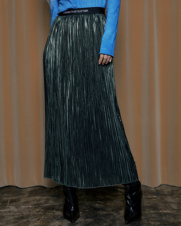 FOIL SATIN PLEATS NARROW SKIRT