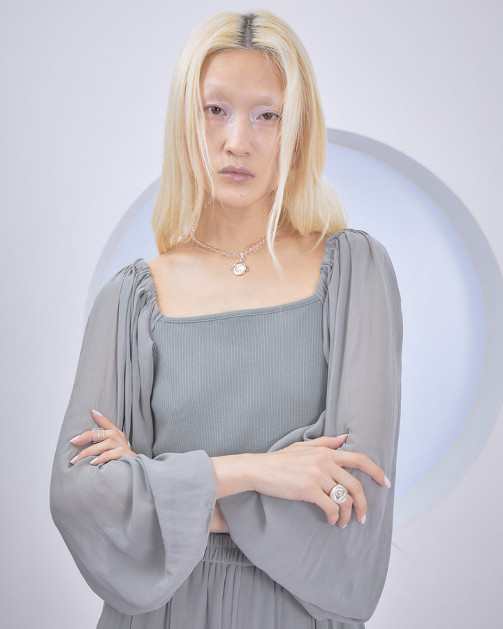 SPLIT CHIFFON POWER SLEEVE BLOUSE