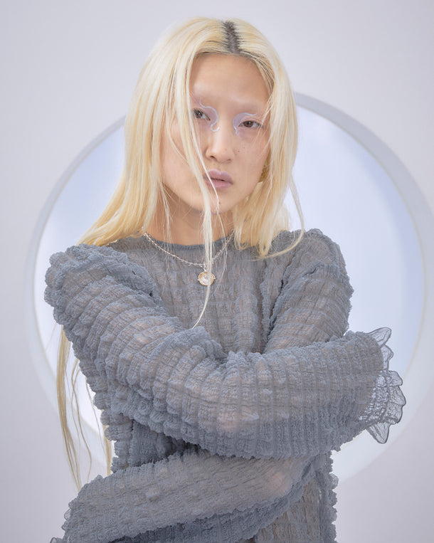 SHEER SQUARE PLEATS BIG BLOUSE