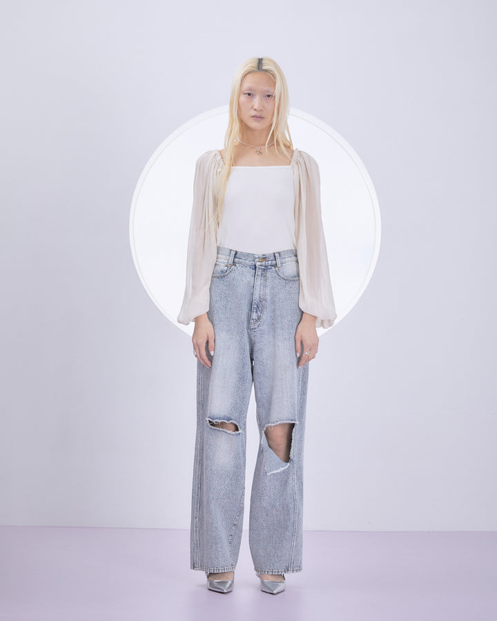 SPLIT CHIFFON POWER SLEEVE BLOUSE