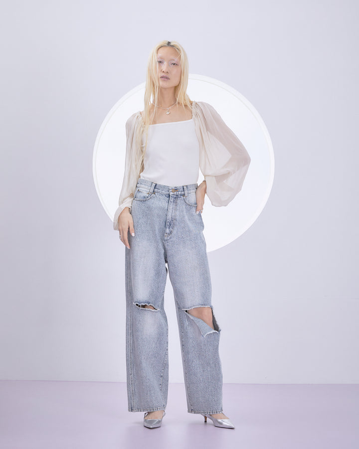 SPLIT CHIFFON POWER SLEEVE BLOUSE