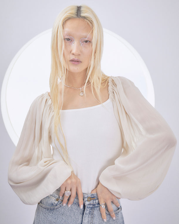 SPLIT CHIFFON POWER SLEEVE BLOUSE