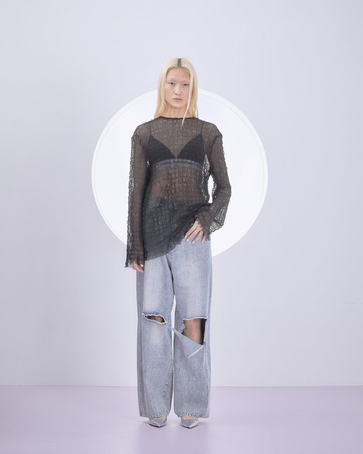 SHEER SQUARE PLEATS BIG BLOUSE