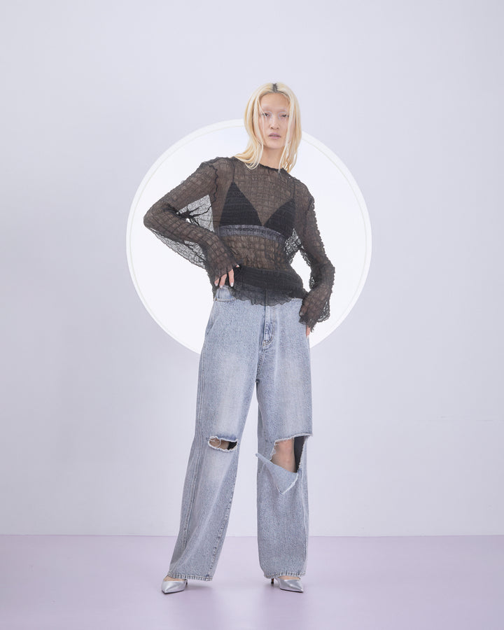 SHEER SQUARE PLEATS BIG BLOUSE
