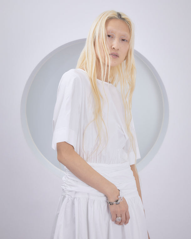 POWDER TAFFETA HALF SLEEVE DRESS