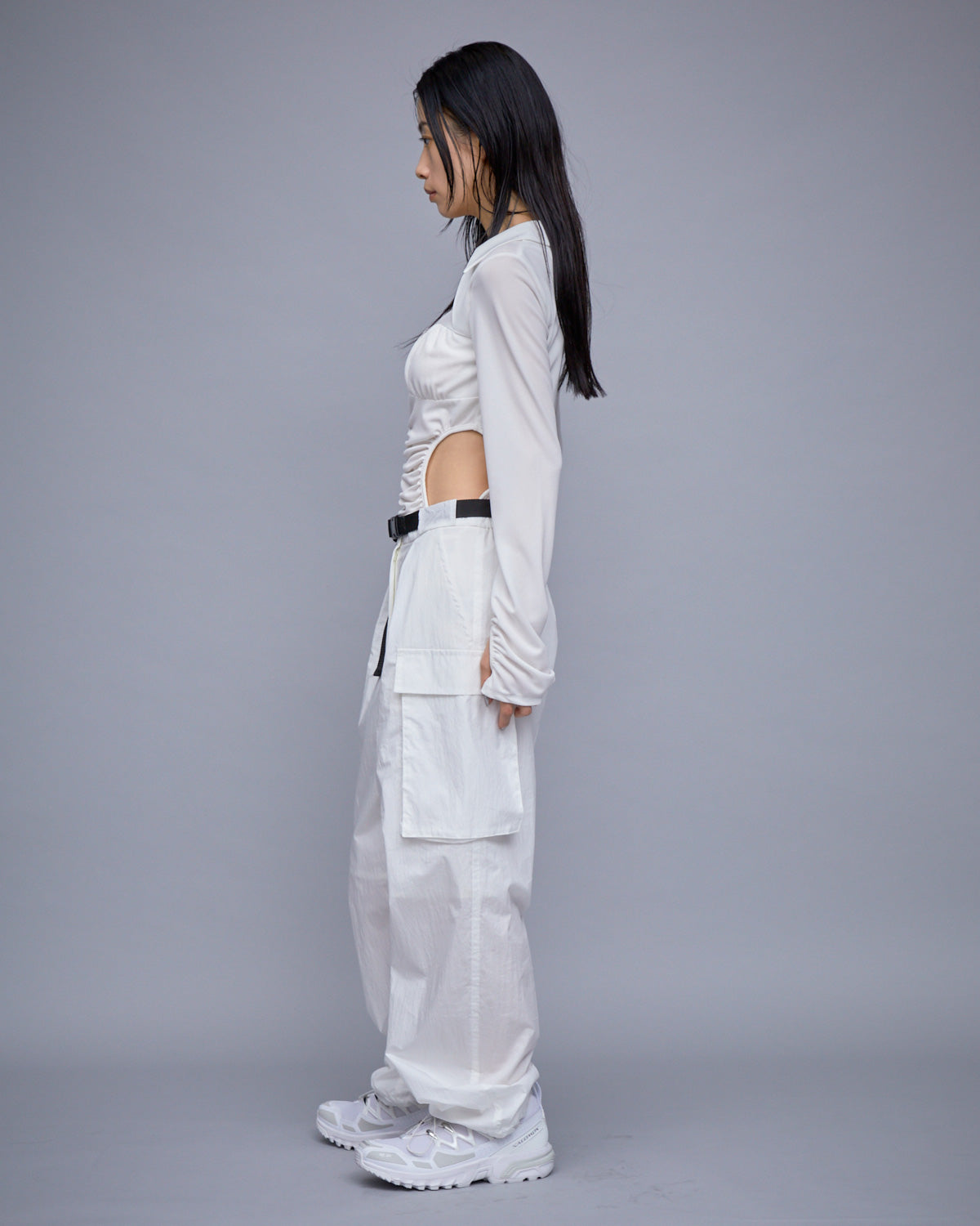 THINGS THAT MATTER ホワイト ギャザーボディスーツ ロンパース JERSEY BODY SUIT | | STORE | THINGS THAT MATTER ONLINE STORE