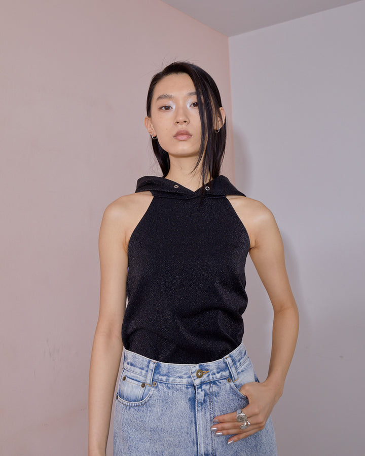 GLITTER JERSEY BACK OPEN HOODIE TOPS