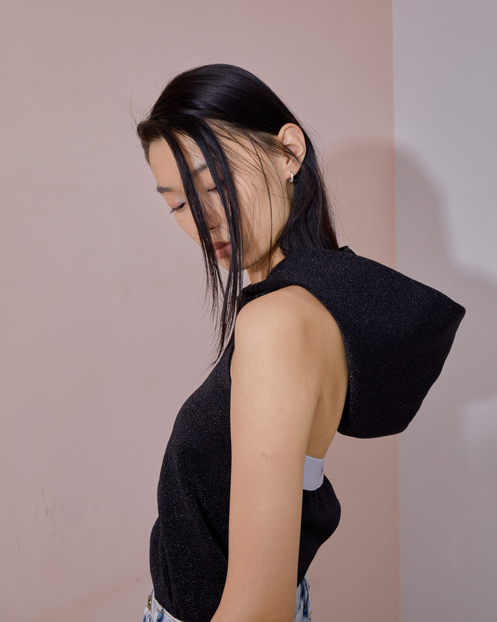 GLITTER JERSEY BACK OPEN HOODIE TOPS