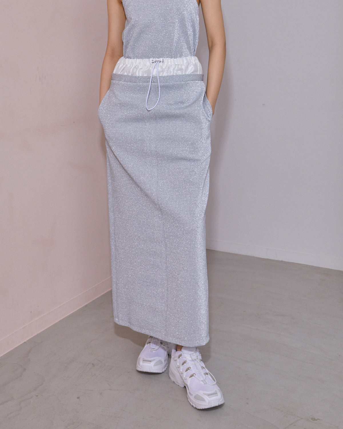 GLITTER JERSEY LAYERED NARROW SKIRT / グリッタージャージ