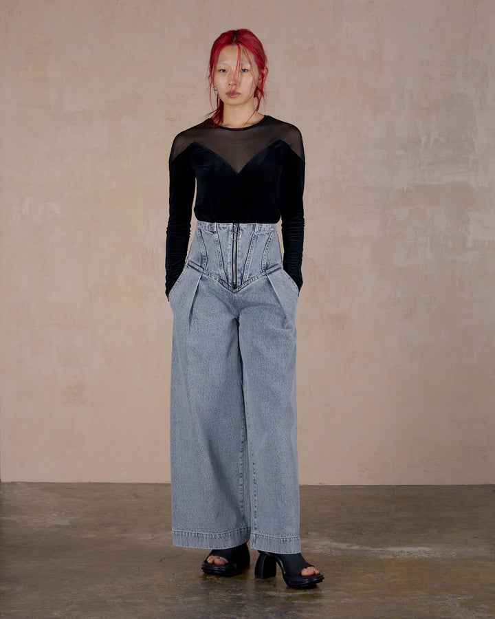 CORSET WAIST DENIM WIDE PANTS