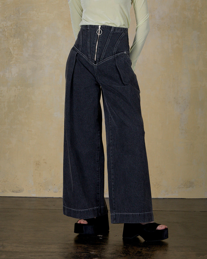 CORSET WAIST DENIM WIDE PANTS