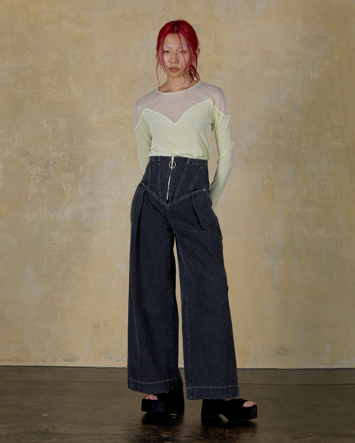 CORSET WAIST DENIM WIDE PANTS