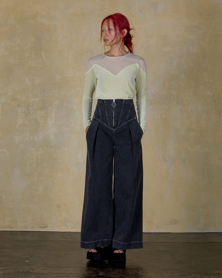 CORSET WAIST DENIM WIDE PANTS
