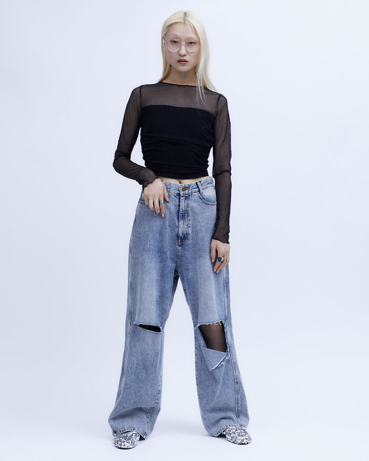 KNEE CUTTING DENIM PANTS