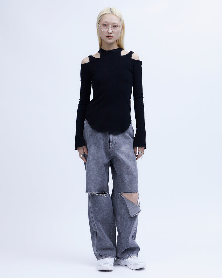 KNEE CUTTING DENIM PANTS