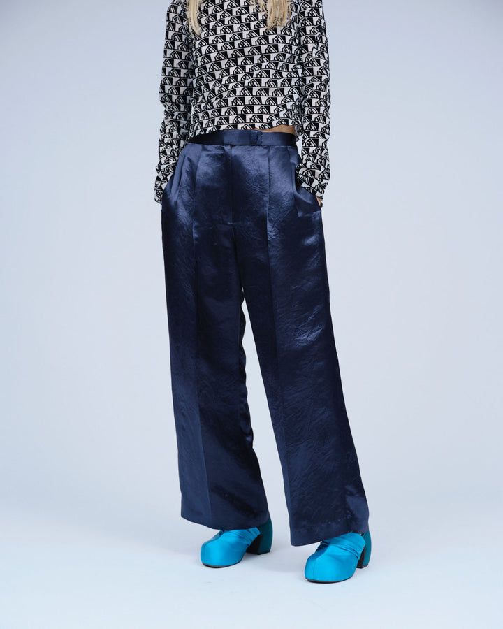 ACETATE SATIN DOUBLE TUCK WIDE PANTS
