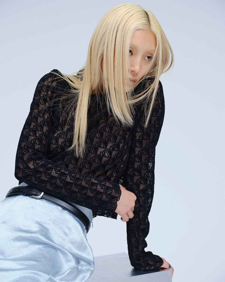 MONOGRAM FLOCKY PRINT TULLE CROPPED TOPS