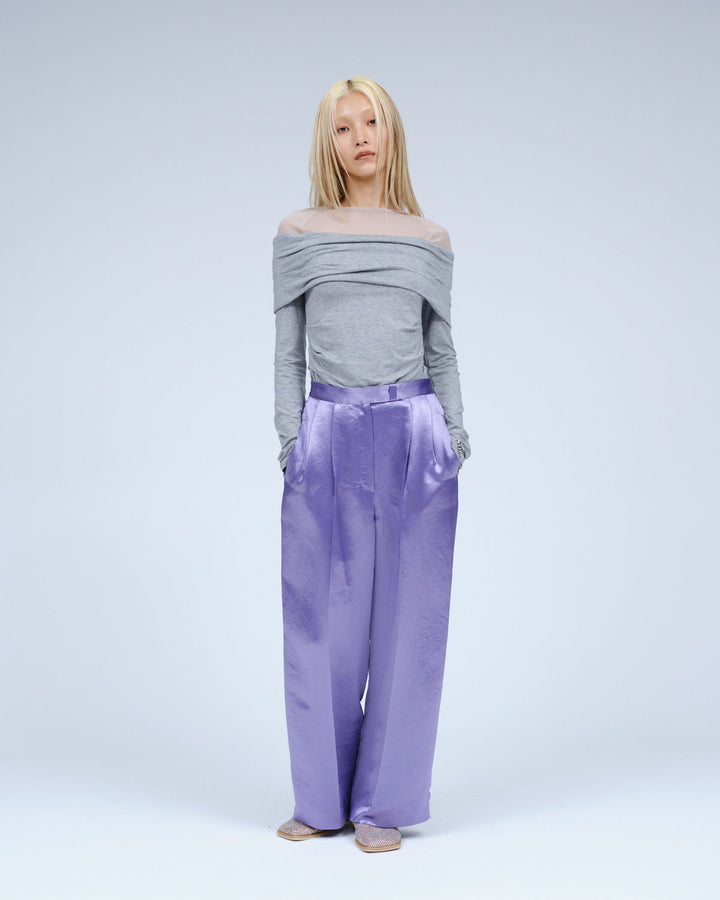 ACETATE SATIN DOUBLE TUCK WIDE PANTS
