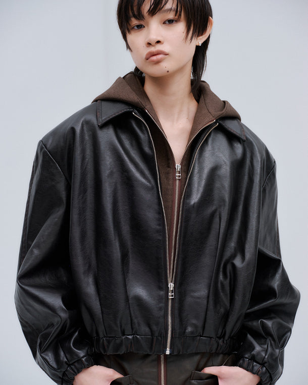 VINTAGE IMITATION LEATHER HOODIE JACKET