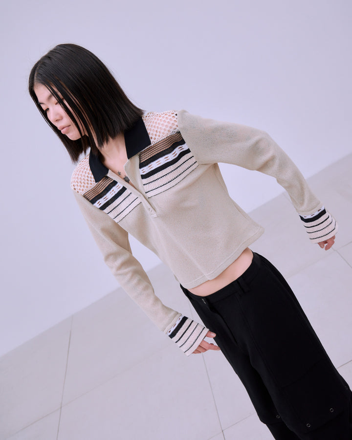 TORCHON LACE SWITCHING WAFFLE POLO