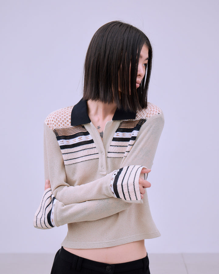 TORCHON LACE SWITCHING WAFFLE POLO