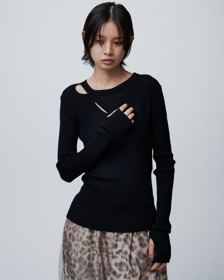 ASYMMETRY SLANT-FLAP RIB KNIT