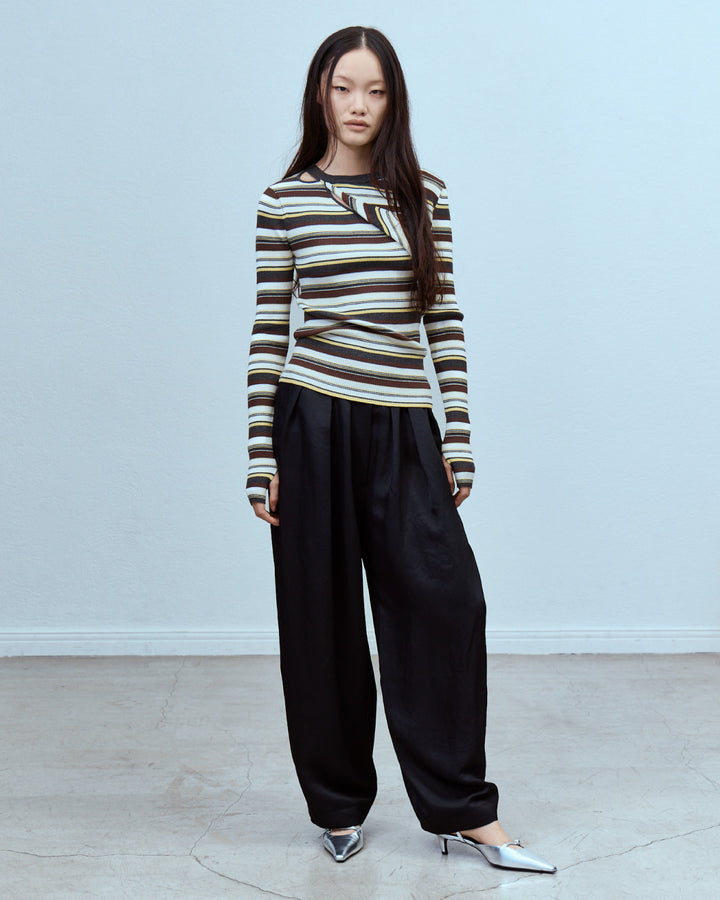 ASYMMETRY SLANT-FLAP RIB KNIT