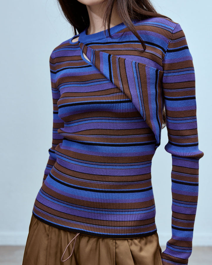 ASYMMETRY SLANT-FLAP RIB KNIT