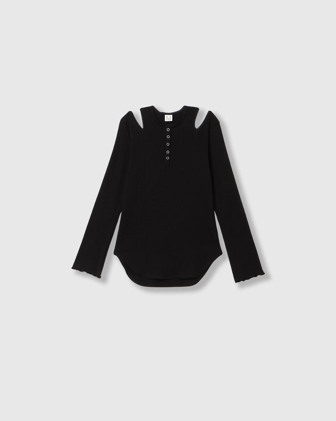 EYELET MESH NOTCH HENRY NECK TOPS
