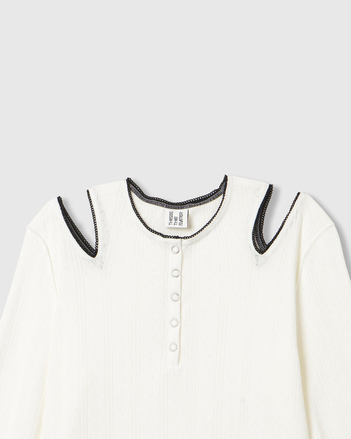 EYELET MESH NOTCH HENRY NECK TOPS