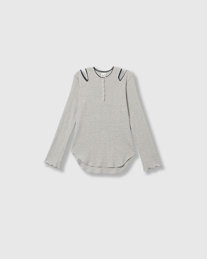 EYELET MESH NOTCH HENRY NECK TOPS