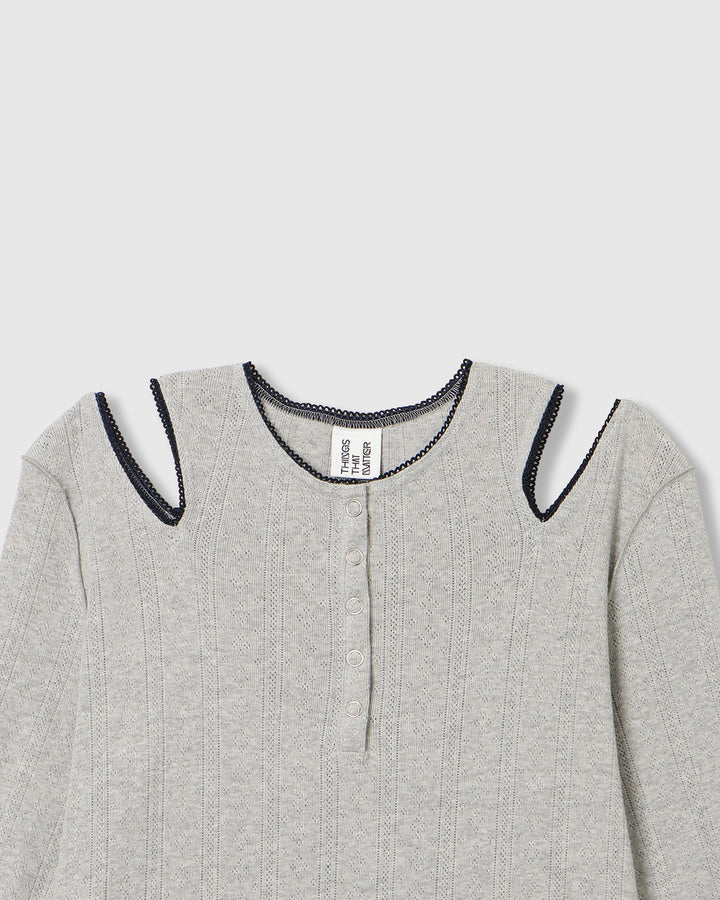 EYELET MESH NOTCH HENRY NECK TOPS