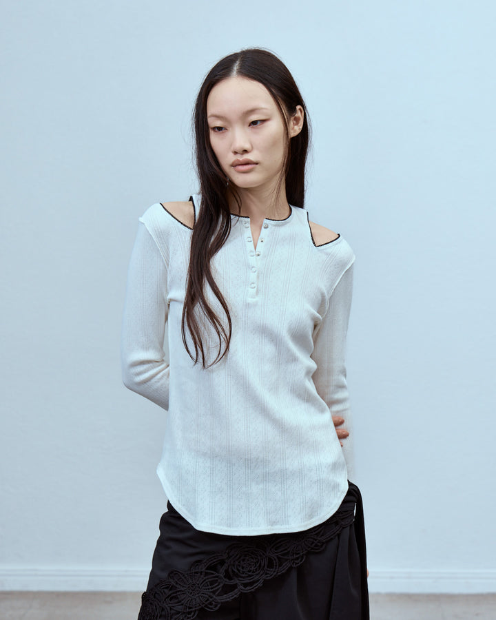 EYELET MESH NOTCH HENRY NECK TOPS