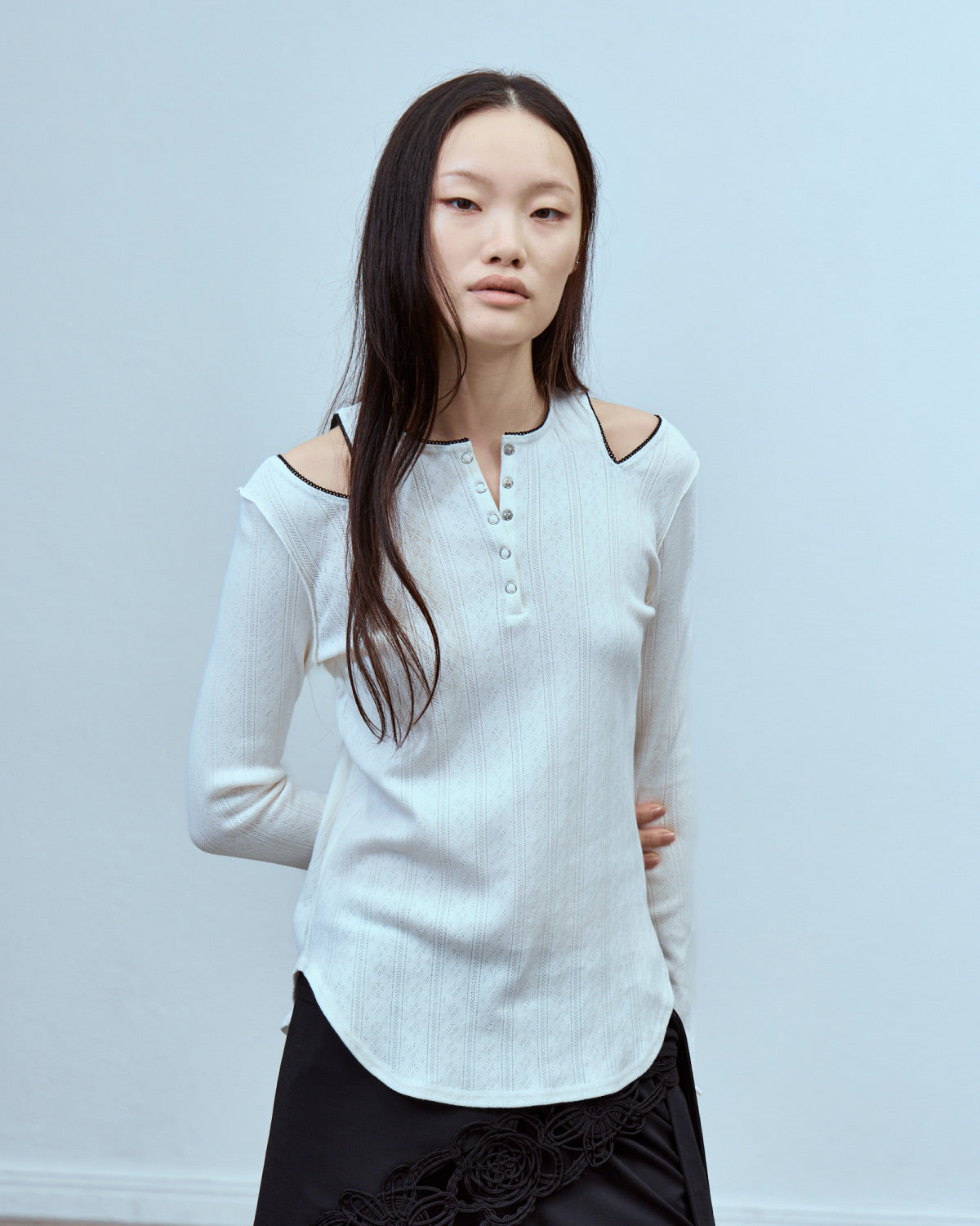 EYELET MESH NOTCH HENRY NECK TOPS | | STORE | THINGS THAT MATTER