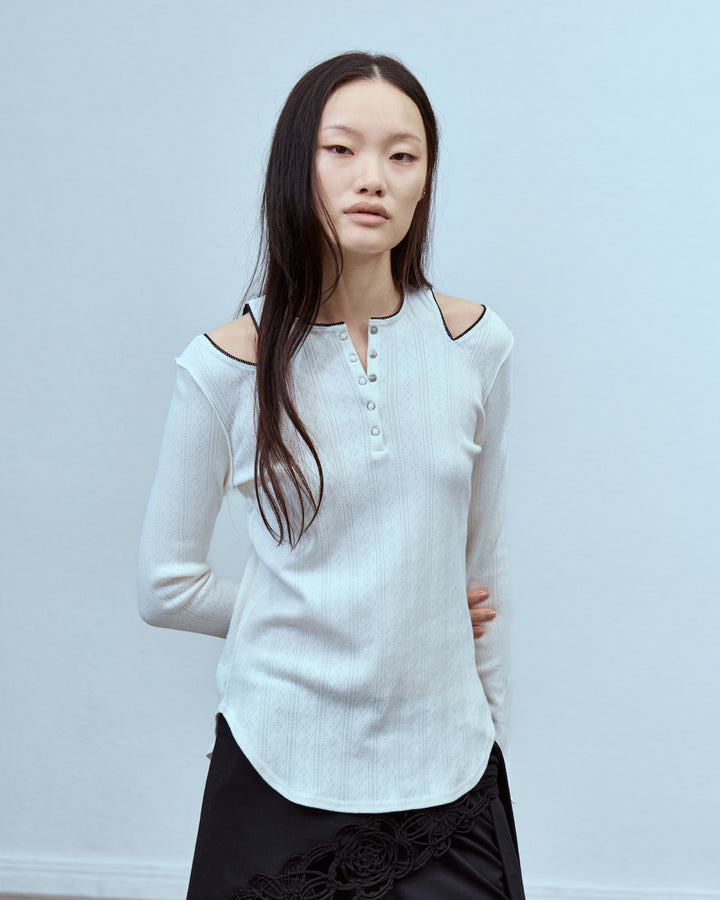 EYELET MESH NOTCH HENRY NECK TOPS