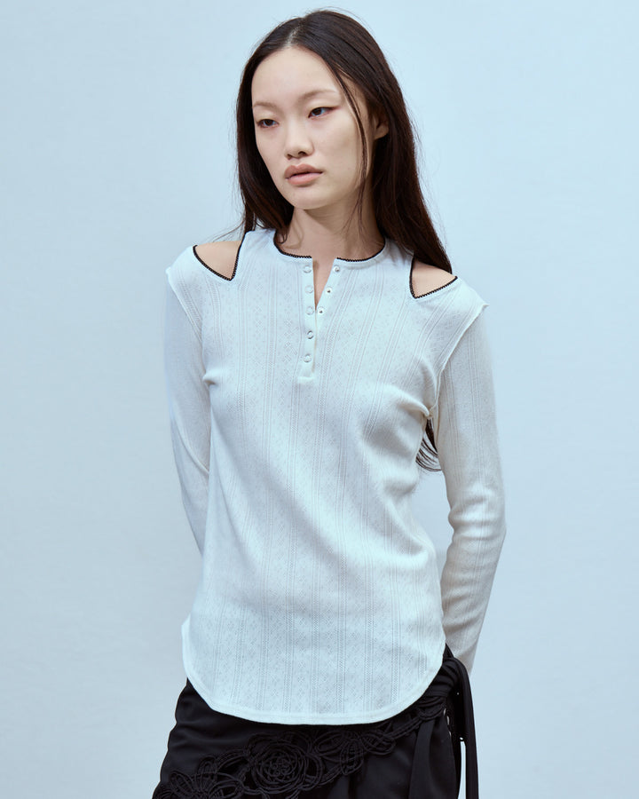 EYELET MESH NOTCH HENRY NECK TOPS