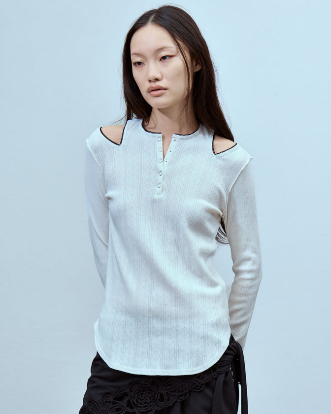 EYELET MESH NOTCH HENRY NECK TOPS
