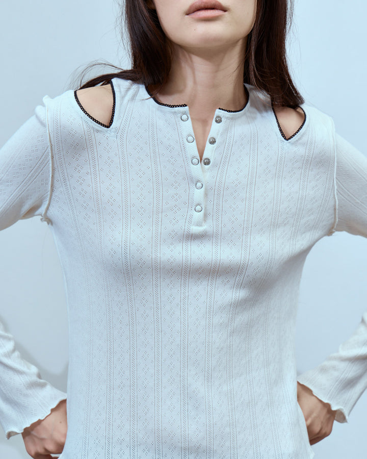 EYELET MESH NOTCH HENRY NECK TOPS