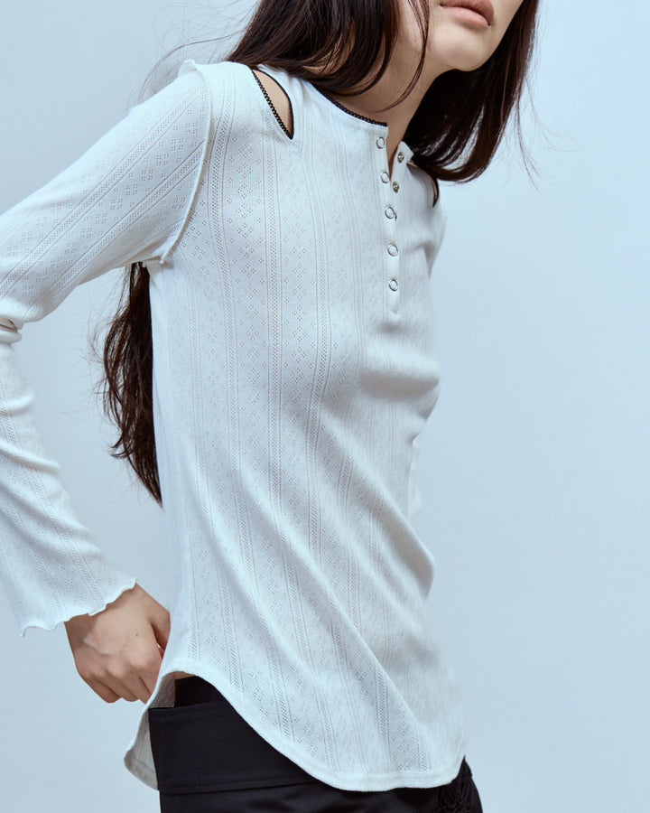 EYELET MESH NOTCH HENRY NECK TOPS