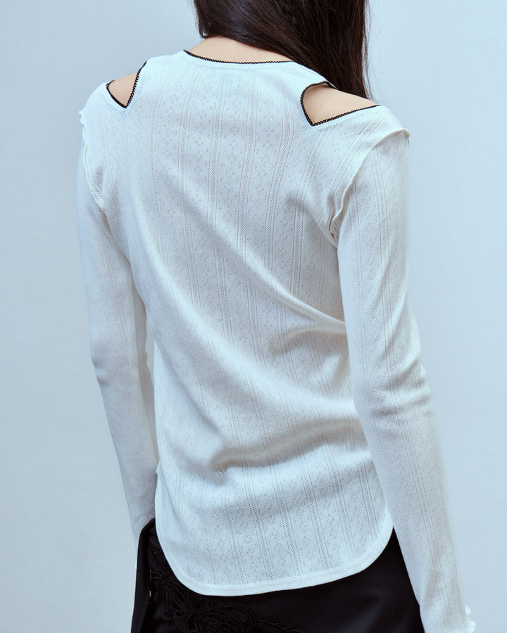 EYELET MESH NOTCH HENRY NECK TOPS