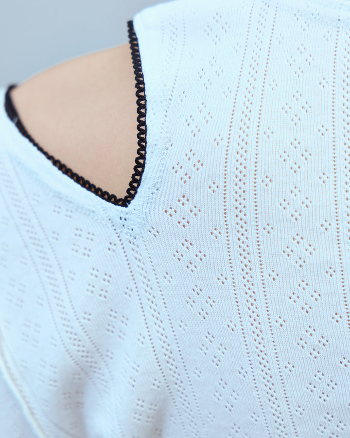 EYELET MESH NOTCH HENRY NECK TOPS