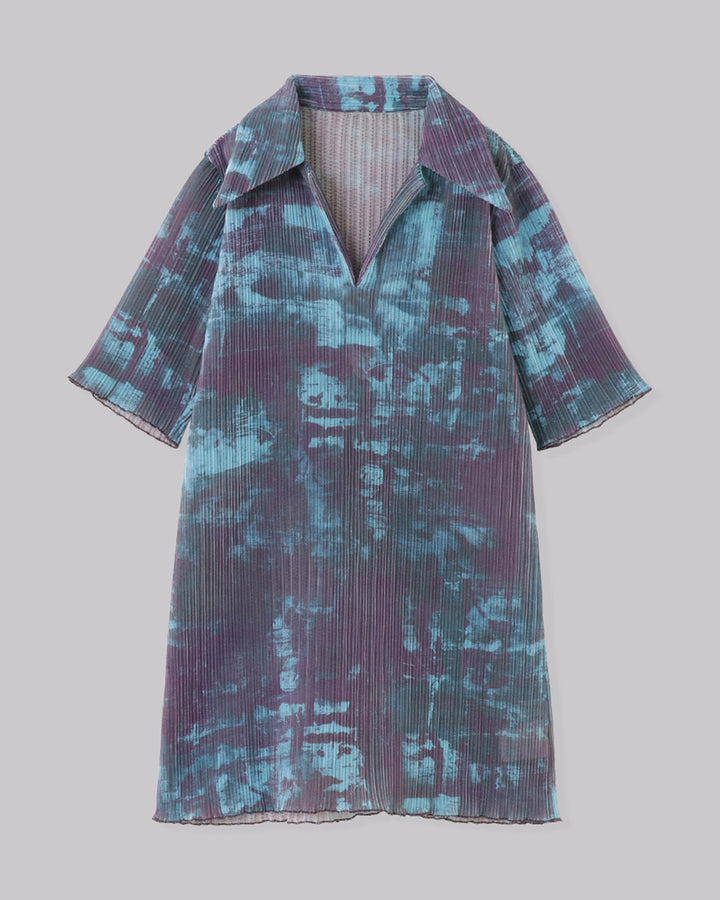 PRINT PLEATS RIB  SHIRT COLLAR TOPS