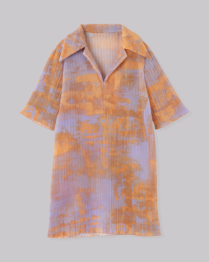 PRINT PLEATS RIB  SHIRT COLLAR TOPS