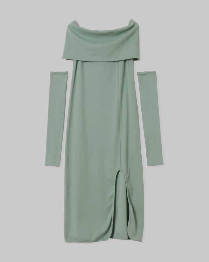 OFF-SHOULDER RIB DRESS WITH ARM WARMER