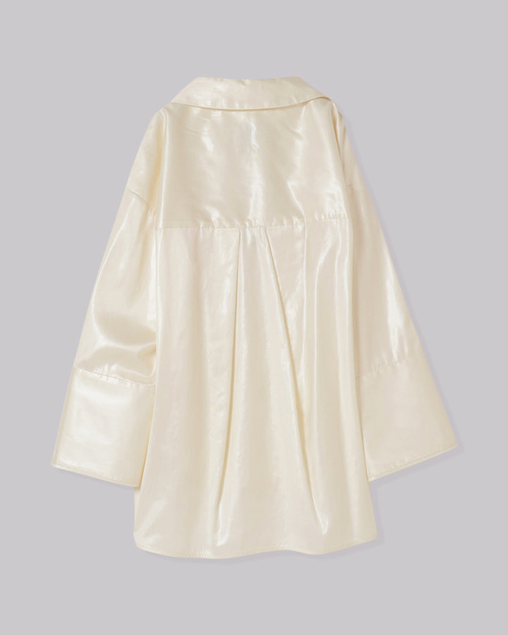 LEATHER-LIKE SATIN DETACHABLE COLLAR SHIRT