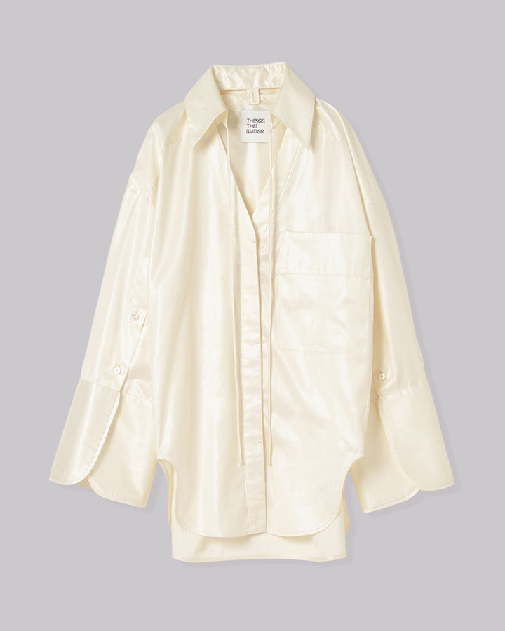 LEATHER-LIKE SATIN DETACHABLE COLLAR SHIRT