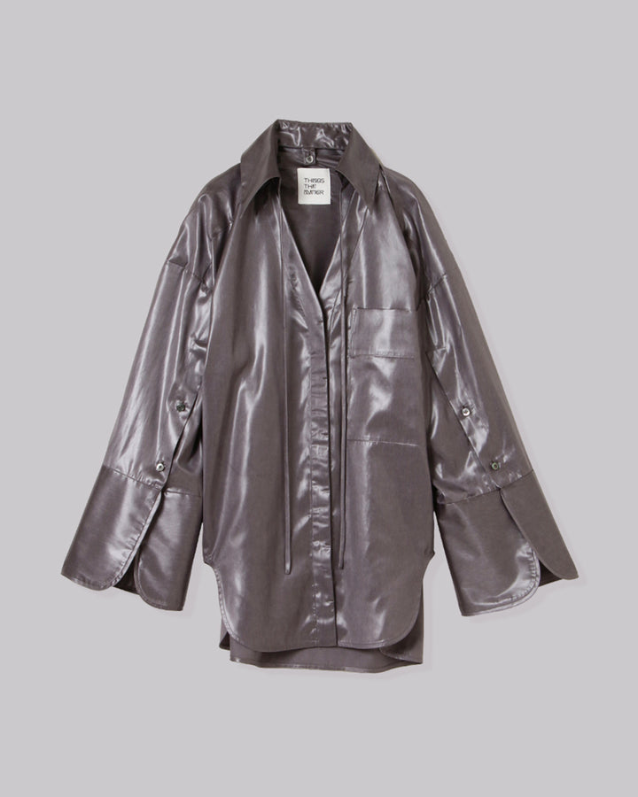 LEATHER-LIKE SATIN DETACHABLE COLLAR SHIRT