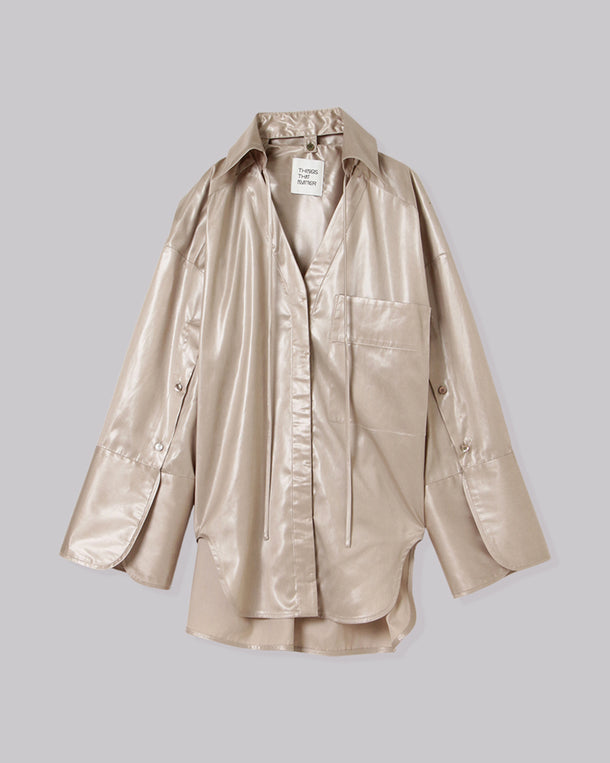 LEATHER-LIKE SATIN DETACHABLE COLLAR SHIRT