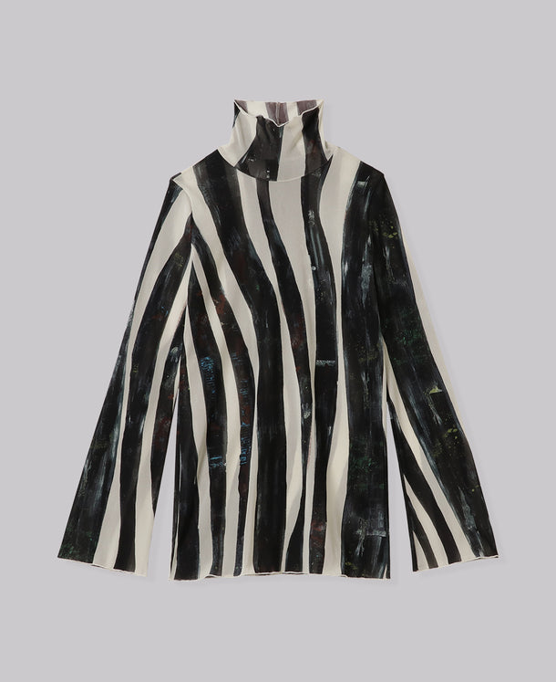 WIND STRIPE PRINT HIGH NECK TULLE TOPS